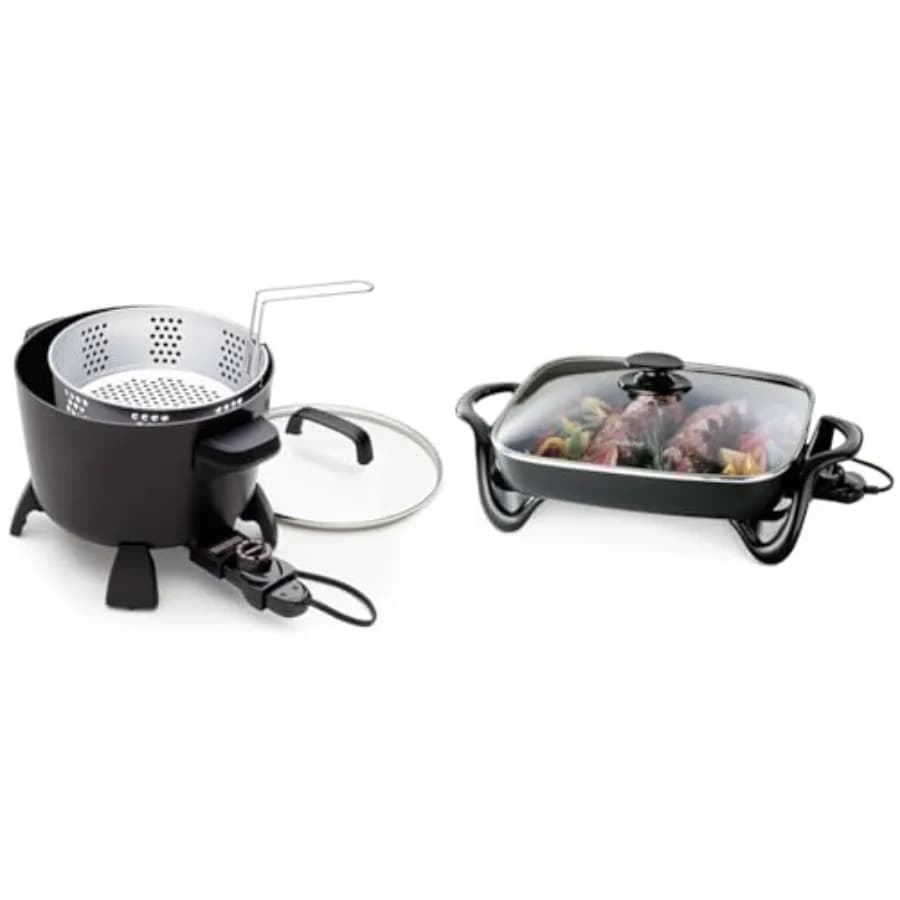 Electric cooker Multifunction 8-Quart with Steamer and Fryer, 16-inch Black Electric Board with Glass Cover, Stainless Steel Black