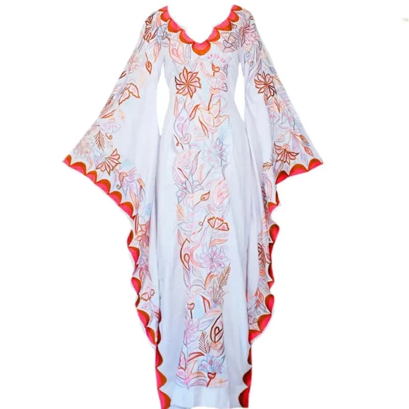 Medieval Cosplay Costume Vintage Women Floral Print Flared Sleeve Beach Bohemian Maxi Ladies V-neck Vampire Dress V b;4.f'7;j,3'
