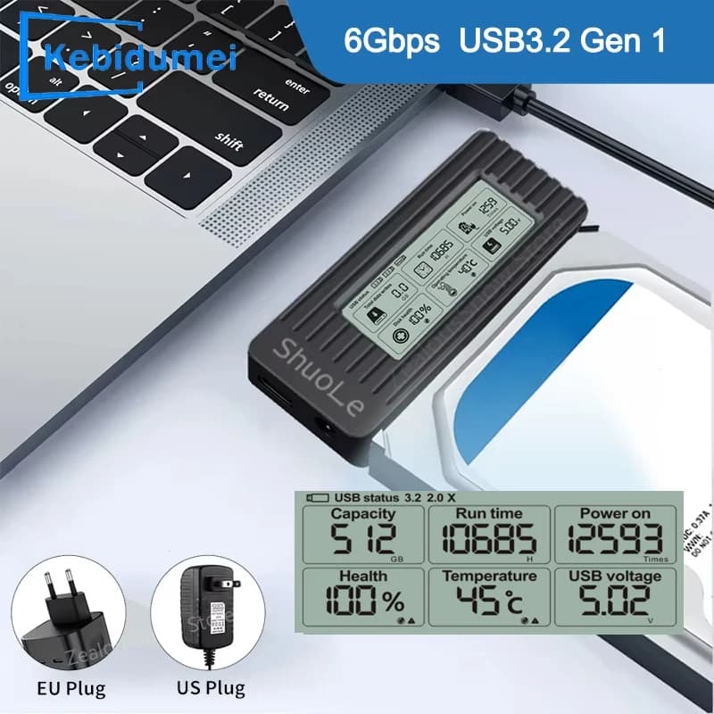 Convertitore da USB 3.2 a SATA SSD da 2,5/3,5 pollici HDD Display digitale Adattatore esterno per disco rigido Cavo da USB a SATA III per PC portatile