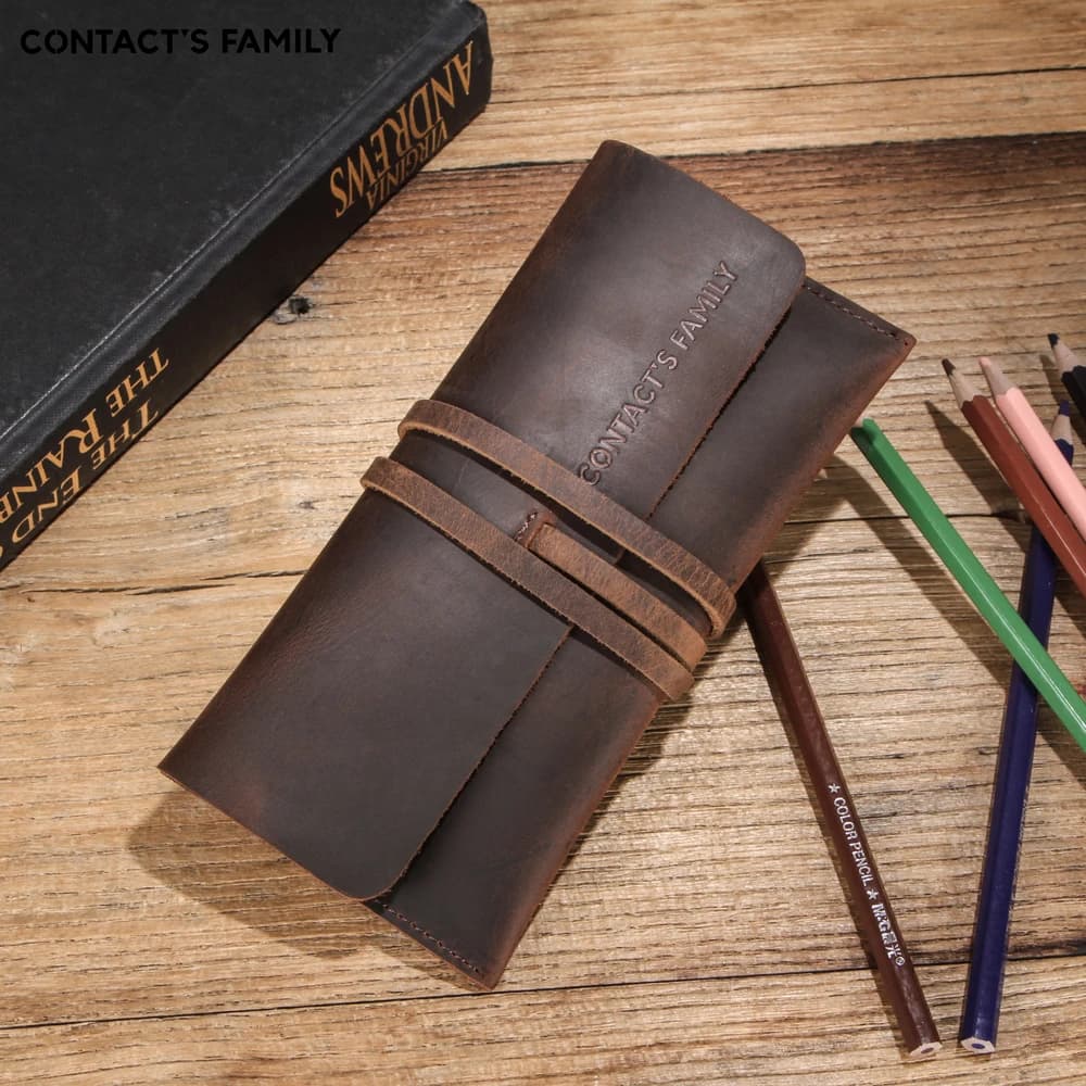 Hand-made crazy horse skin rolled case with rope pen holder retro pen holders school stationery