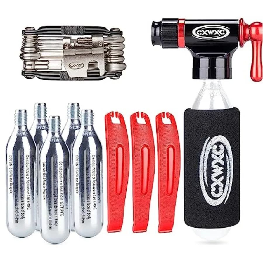 Kit Gonfiatore CO2 con 5 Cartucce Filettate da 16g - Compatibile con Valvole Presta e Schrader - Pompa Portatile per Pneumatici Bici con CO2