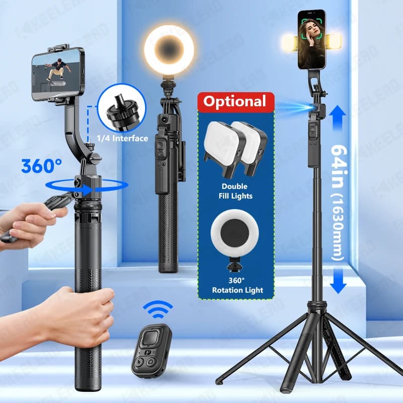 Treppiede per cellulare 360 ° Riprese con rotazione automatica C17 Quadrapod Selfie Stick Supporto per telefono AI Face Following, con telecomando