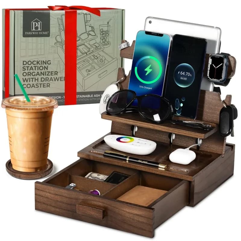 Supporto in Legno per Telefono con Cassetti, Elegante Organizzatore da Scrivania per Portachiavi, Portafogli, Orologi e Caricabatterie