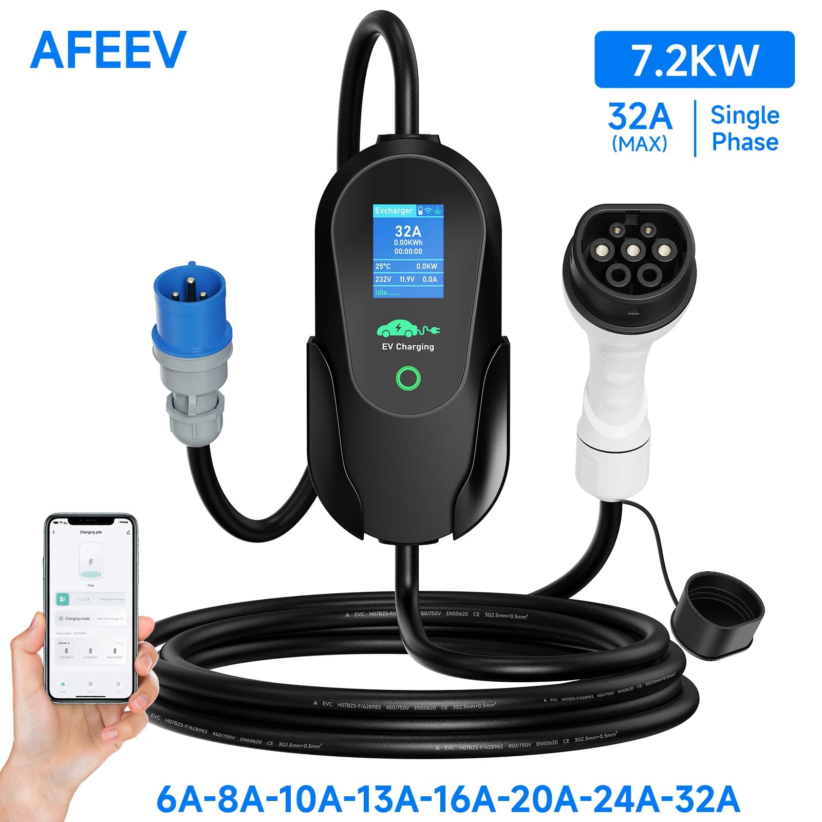 AFEEV EV Caricatore Protable 7.2KW 32A 1 Fase Type2/Type1/GBT Spina CEE 7200W WIFI APP Controllo EVSE Scatola di Ricarica per Veicolo Elettrico