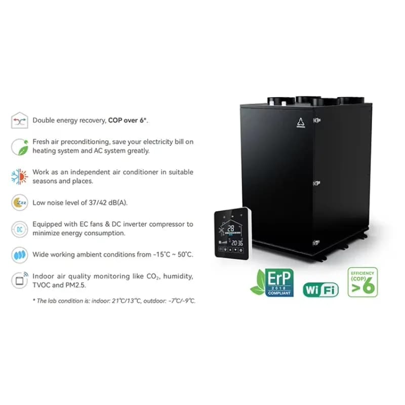 Pompa di calore Ventilatore di recupero ENERGIA Controllo Wi-Fi Compressore inverter CC Silenzioso Deumidifica Funzionamento Riscaldamento e raffreddamento