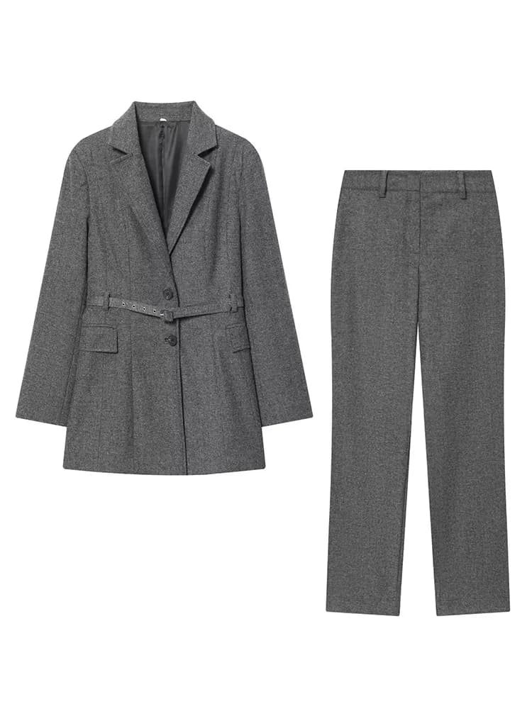 HH Set da 2 pezzi da donna a maniche lunghe con risvolto tasche monopetto cintura decorare abito blazer ampio + pantaloni lunghi con cerniera casual alla moda
