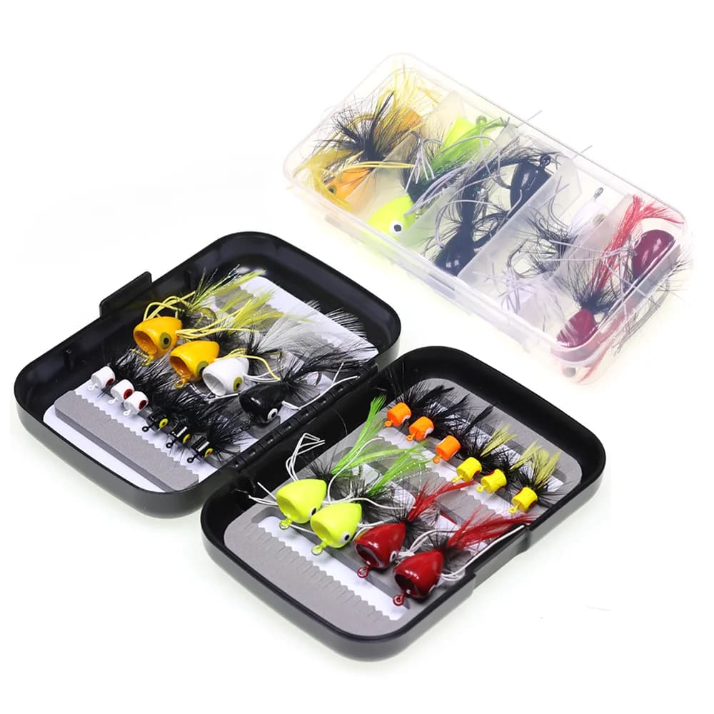 Fly Fishing Popper Lures Kit Topwater Panfish Floating Bugs Assortment Dry Flies Set with Tackle Box for Bass Trout Bluegill