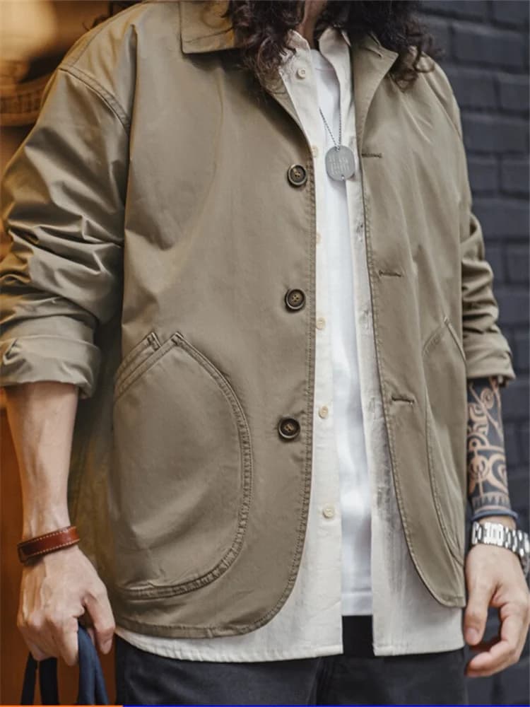 Giacca da Lavoro Vintage Maden con Tasche Oblique, Colletto Sottile in Tessuto, Forma Casual, Capospalla Leggero da Uomo in Fibra di Poliestere per Primavera