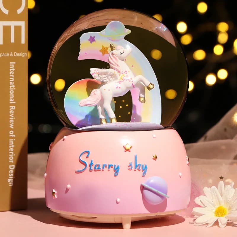 Nuovo carillon con sfera di cristallo Ragazza Cuore Unicorno Carillon luminoso con fiocco di neve Fidanzata Regalo di compleanno romantico Ornamento Globo di neve