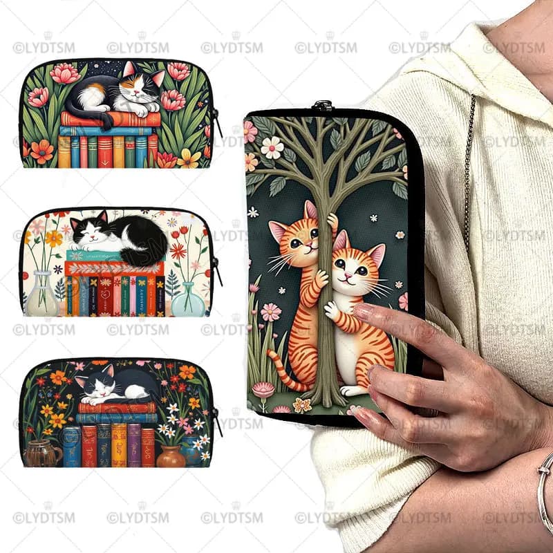 Cat sleeping on books Wallet with print Book and kitten Women's coin purse Credit card holder Mobile phone holder Long wallet