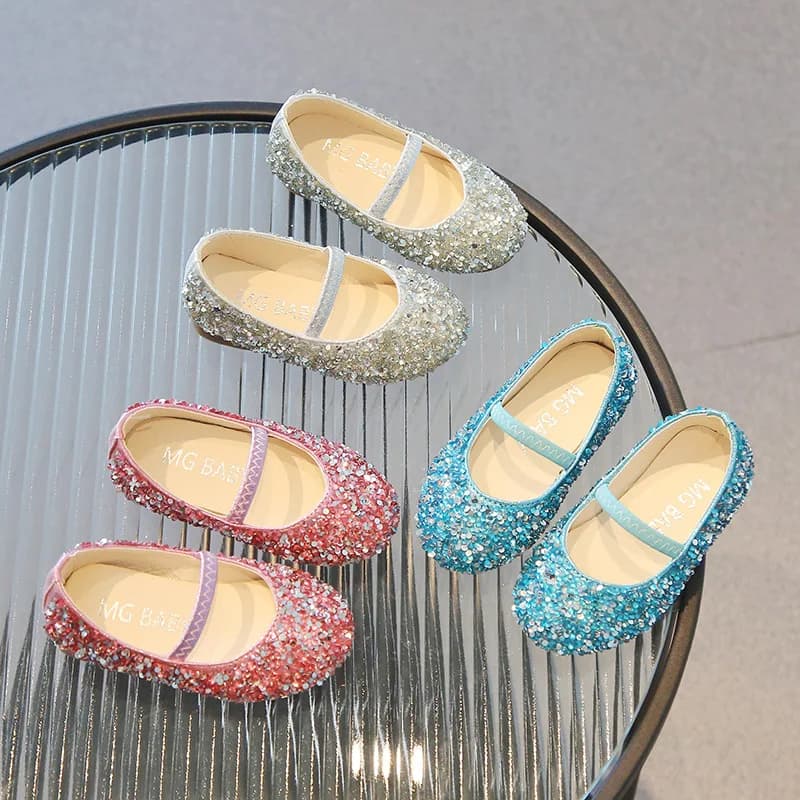 Spring Autumn Kid Sequin Crystal Princess Shoes Soft-Soled Closed-Toe Velcro Shoes Girl Mary Jane Single Buckle Performance Shoe