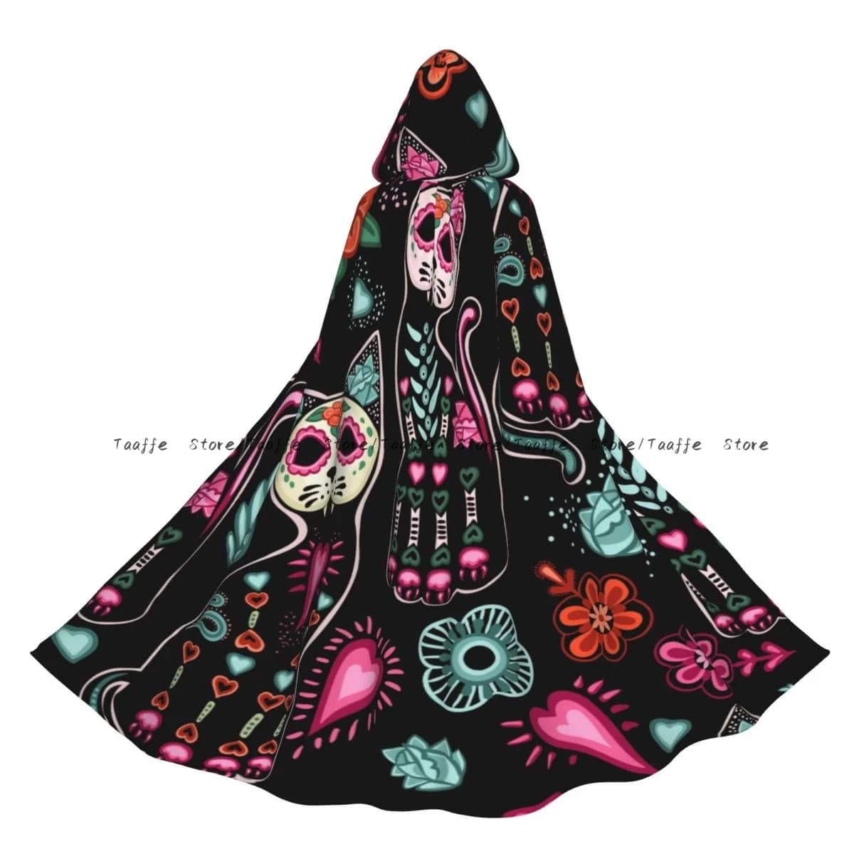 Adult Day Of The Dead And Halloween Cats Cloak Cape Hooded Medieval Costume Witch Wicca Vampire Halloween Costume Dress Coat