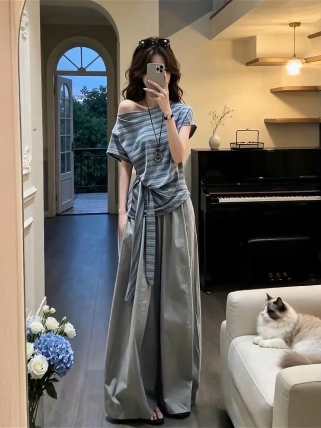 Fashionable Slimming High Waist Wide Leg Pants Top Set Women's Summer New Style Polyester Fiber Belted Design Short Sleeve