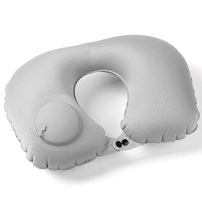 Cuscino gonfiabile per il collo a forma di U per ufficio e viaggio, supporto cervicale a pressione, design pieghevole portatile, morbido sulla pelle.