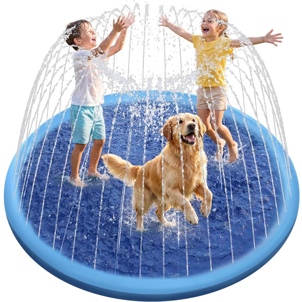 Piscina gonfiabile estiva per animali domestici da 100/150/200 cm, tappetino rinfrescante con spruzzatore d'acqua, gioco interattivo da esterno per cani