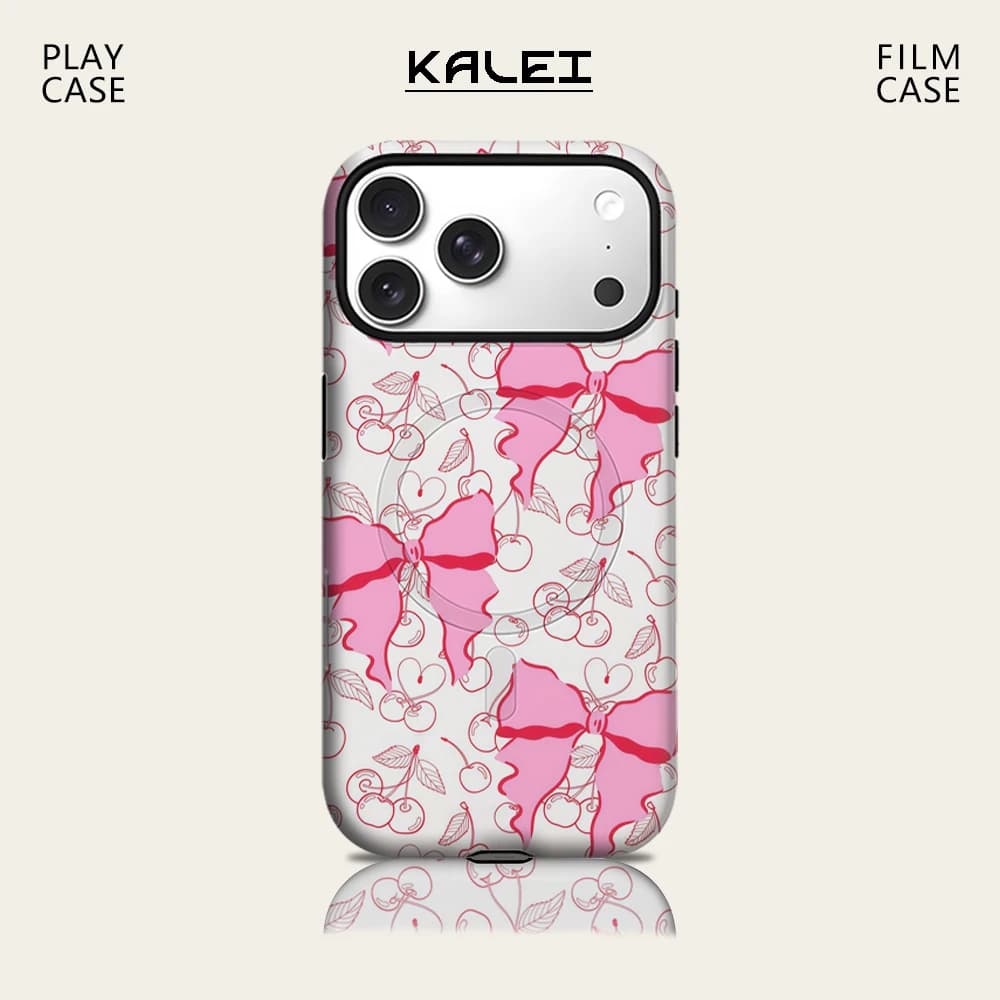 Custodia per iPhone 17 16 15 14 13 Pro Max Plus con Fiocco Rosa e Ciliegie, Custodia Magnetica Robusta a Strato Singolo/Doppio