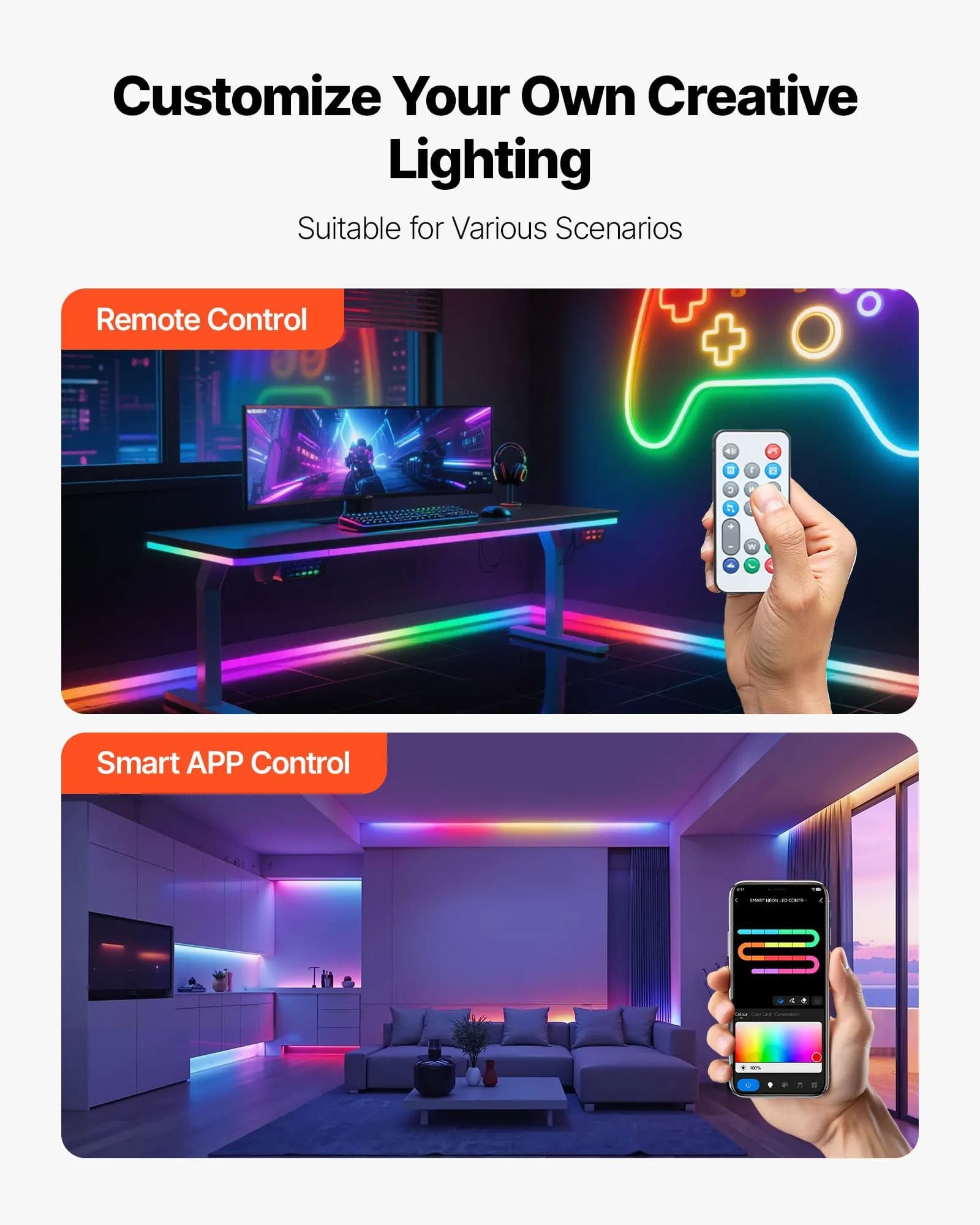 Luce al Neon a LED, 5 Metri, Striscia LED RGB-IC Flessibile, Controllo tramite App/Telecomando, Compatibile con Alexa e Google Assistant