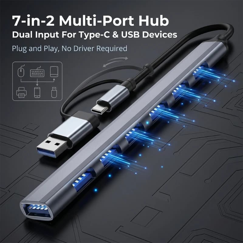 Hub USB 3.0, Splitter USB 3.0 a 7 Porte, Adattatore OTG Tipo C per Laptop, PC, Disco Rigido, Mouse, Tastiera