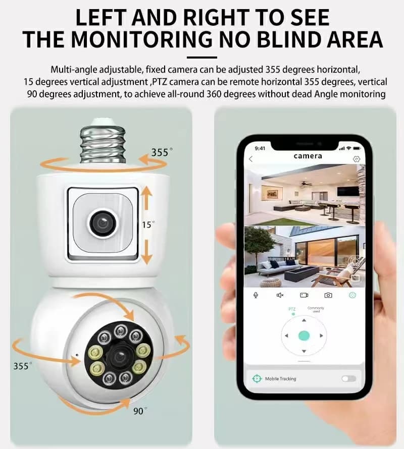 Telecamera IP Wireless E27 a Colori Completi con Doppia Lente 4MP, App ICSEE, Rilevamento Umanoide AI, Sicurezza Domestica, Monitoraggio Bambini