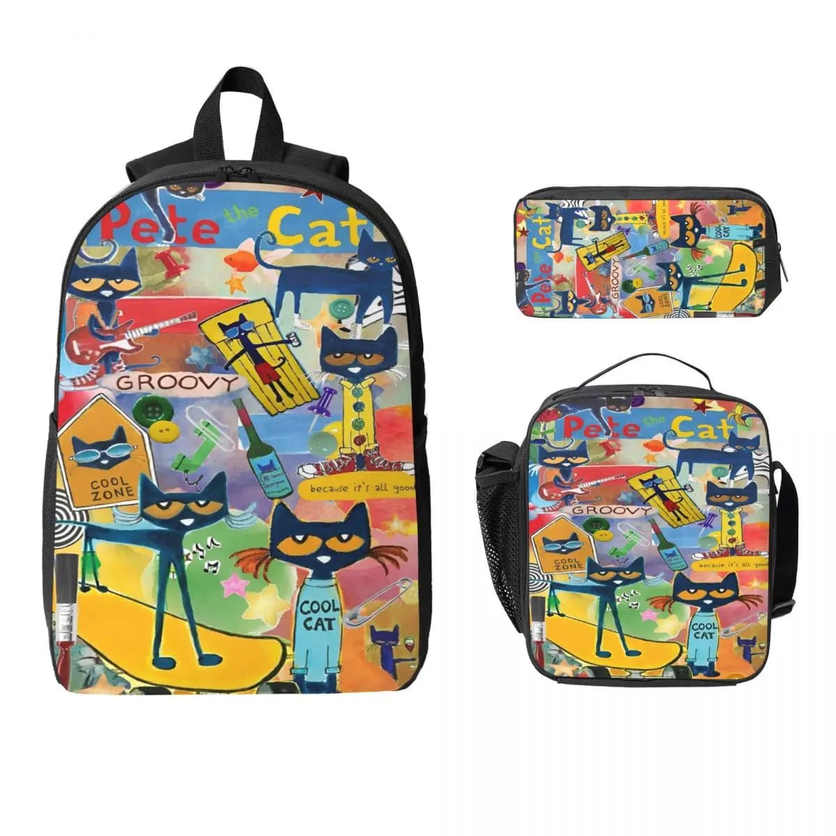 Set di zaini a tema Pete The Cat da 3 pezzi per ragazze Ragazzi Gatti dei cartoni animati Scatole per matite Set di zaini con scatola per il pranzo per studenti Zaino