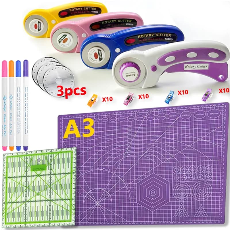 Set di taglierine rotanti da 45 mm, tagliere per cucire A3, righello acrilico, penna per gomma, clip, forniture per cucire fai da te