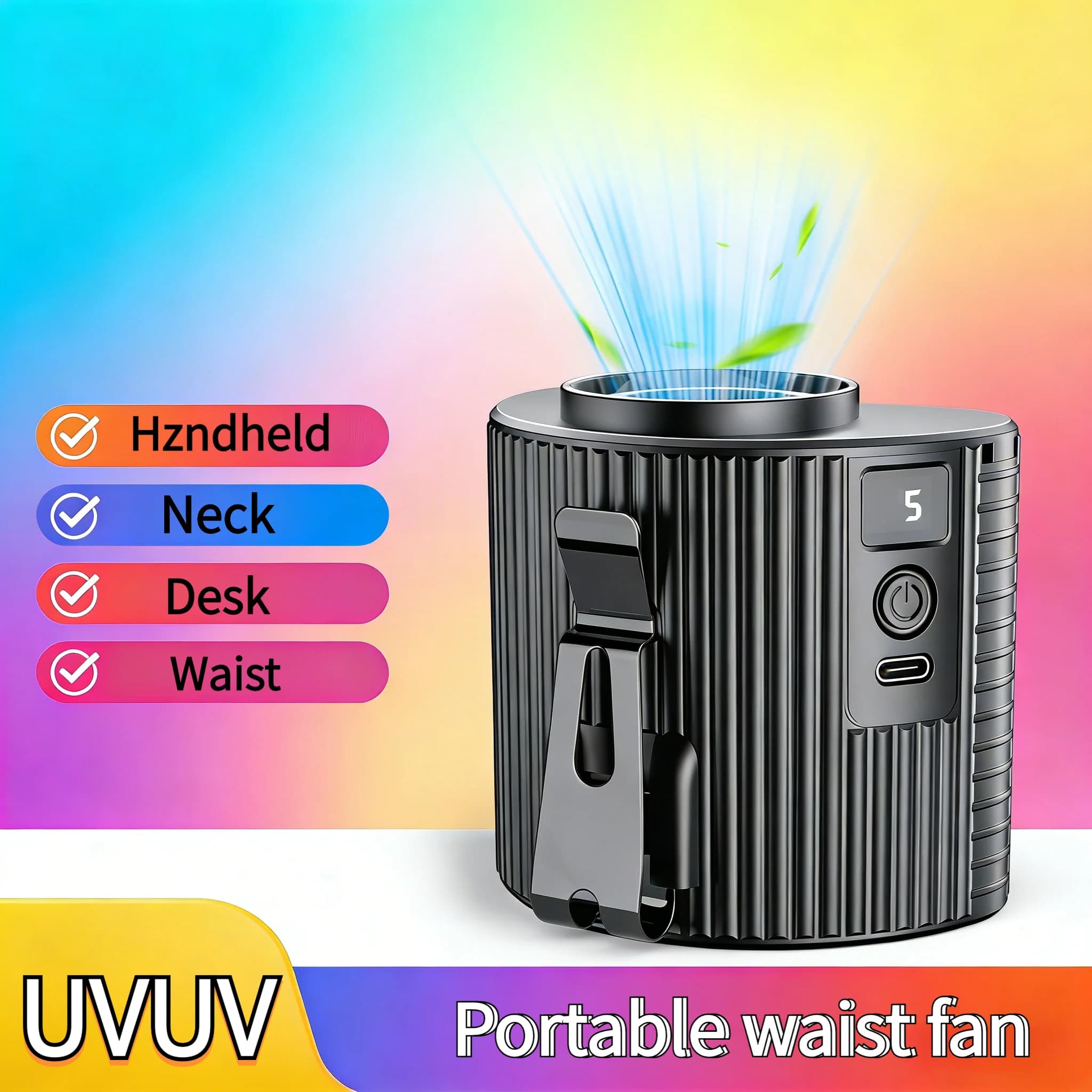 Portable belt fan, portable, with long-lasting battery, suitable for outdoor sports and work.