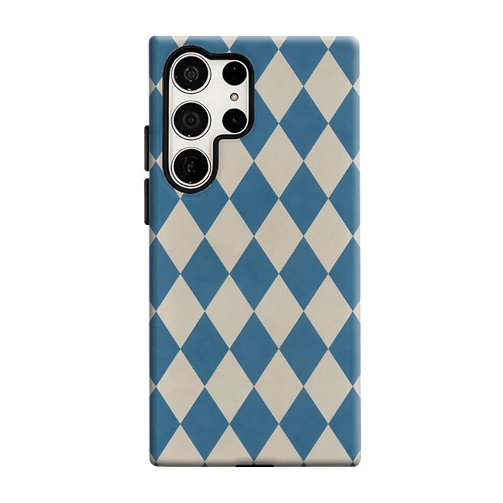 Blue Cream Diamond Tiles Phone Case For Samsung Galaxy S25 S26 Ultra S24 S23 Plus Shockproof Double Layer Tough Back Cover