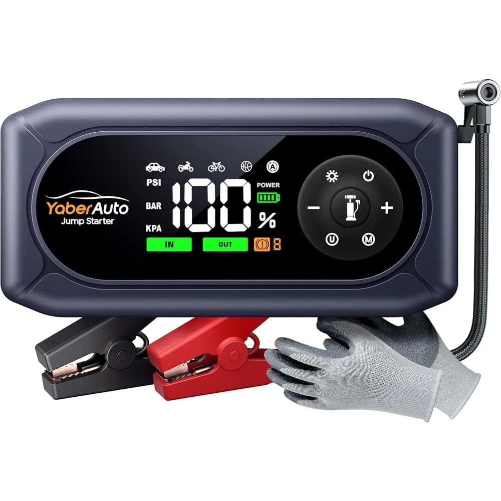 YaberAuto Avviatore di emergenza 9 in 1 con compressore d'aria 4500A 150PSI Avviatore di emergenza per batteria per auto portatile (9L Gas/8L Diesel), Jump Box Ca