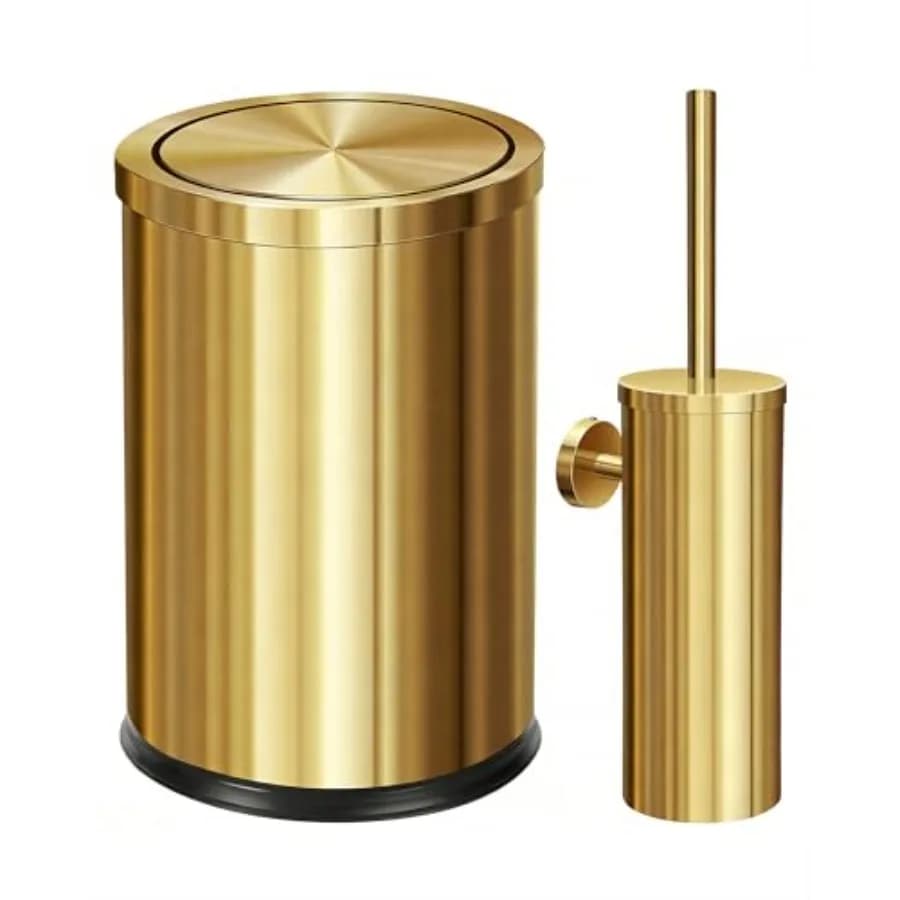 Cestino per rifiuti da bagno in acciaio inox dorato da 2,6 galloni con set spazzola per WC / Cestino per rifiuti in acciaio inox dorato con coperchio a battente