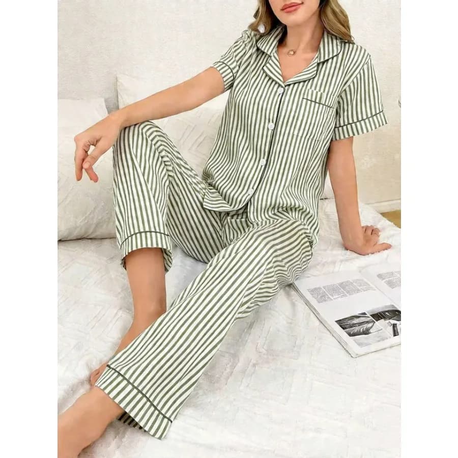 Women's Striped Pajamas Set 2 Piece Short Sleeve Button Down Top and Long Pants Sleepwear Casual Breathable Loungewear for Summ