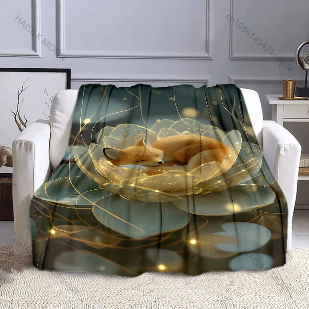 Coperta in flanella con stampa volpe arrotolata in fiore di loto, diverse misure, morbida e calda per tutte le stagioni, casa, esterno, campeggio, picnic, camper