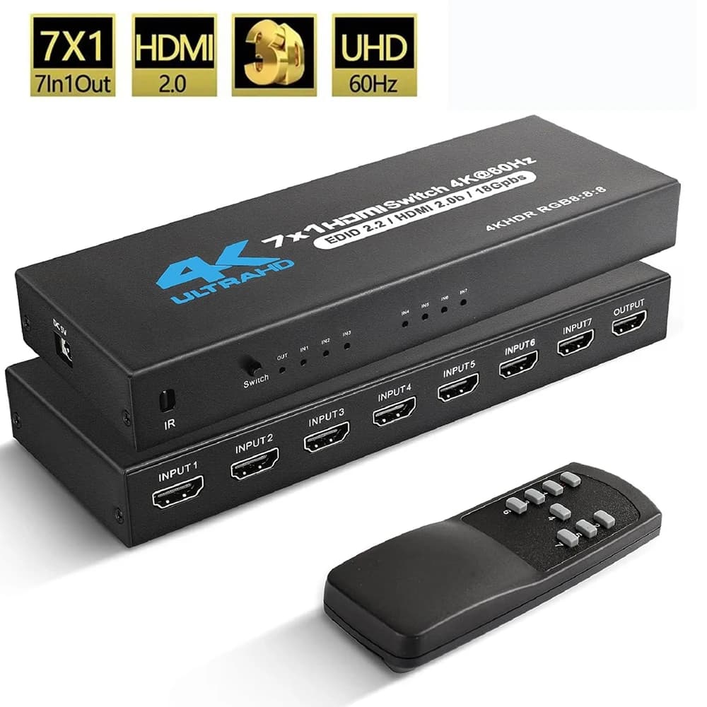 4/5/7 Port HDMI Switch 2.0 4K@60Hz HDMI 2.0 Switcher With IR Remote Audio Video Converter 7 in 1 out Support HDR & HDCP 2.2 DC5V