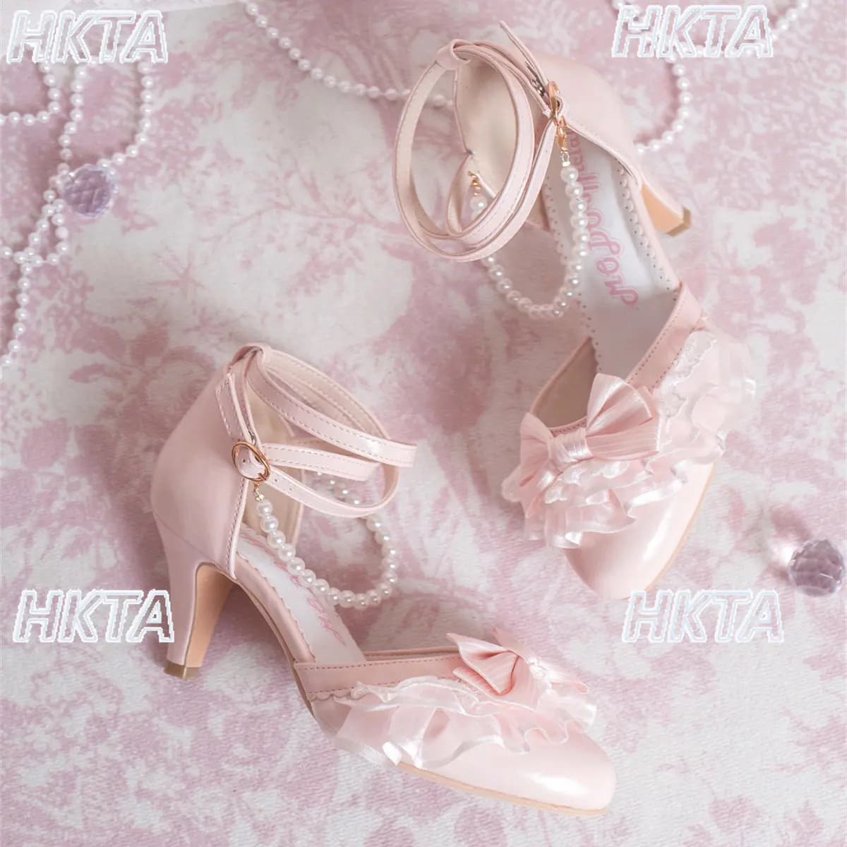Scarpe Giapponesi Sweet Lolita con Fiocco da Principessa, Volant e Catena di Perle, Eleganti Tacchi Medi in Pelle PU per Donne