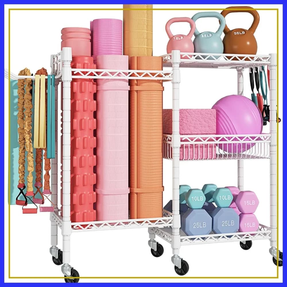 Organizzatore a 3 livelli con ruote per tappetini yoga, manubri, kettlebell e fasce di resistenza per la palestra di casa