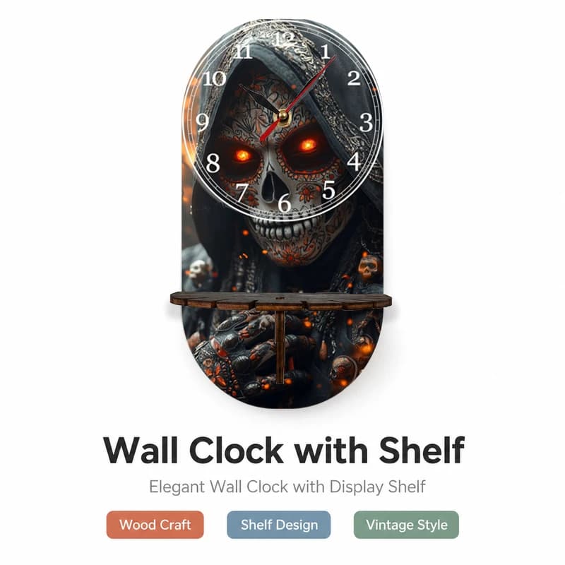 Orologio da parete in legno a tema Halloween con teschio scuro, con teschio intricato in stile tatuaggio, occhi arancioni luminosi e mini teschi, G