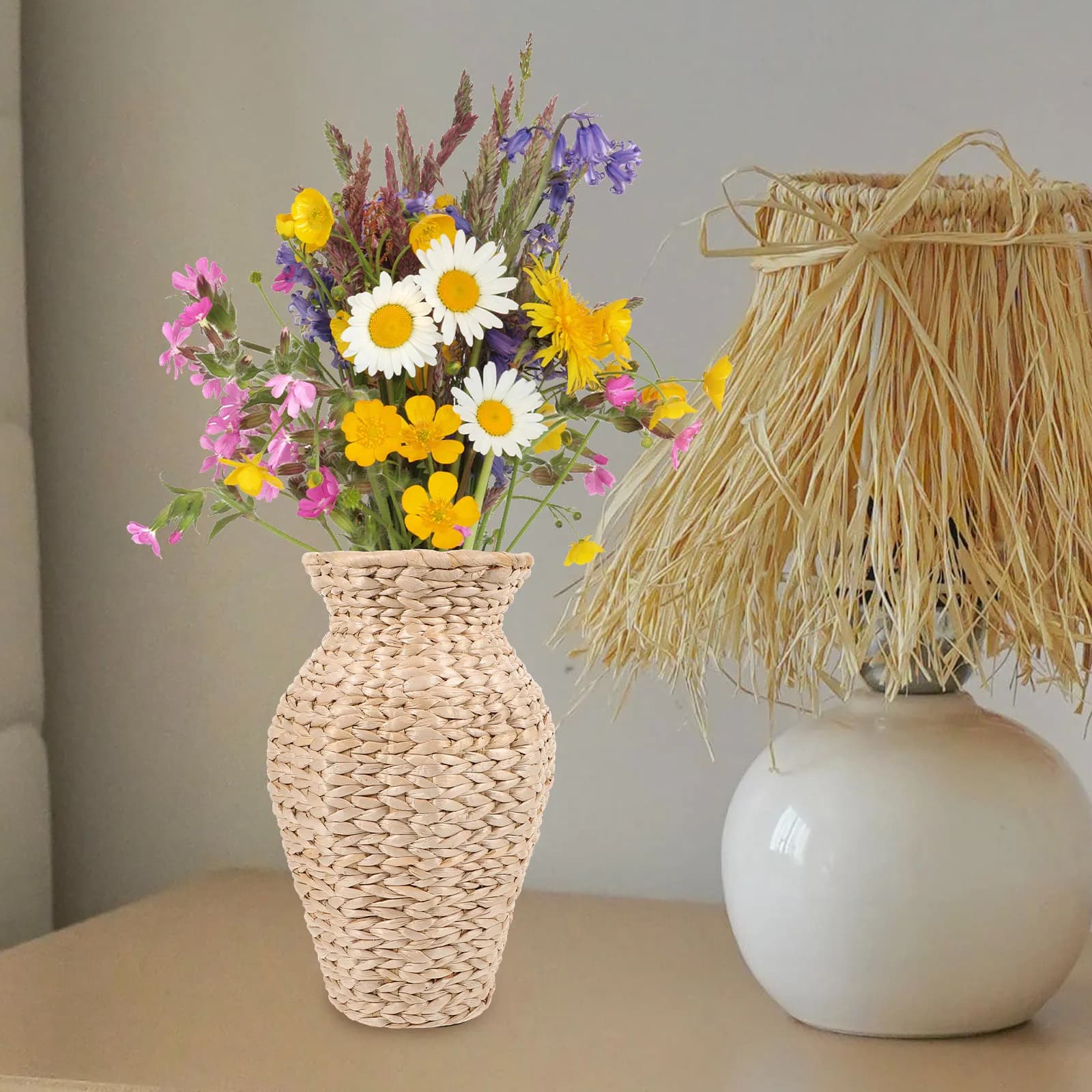 Tall Woven Straw Vase Rustic Decorative Flower Container for Dried Flowers Artificial Plants Indoor Outdoor Home Decor Table
