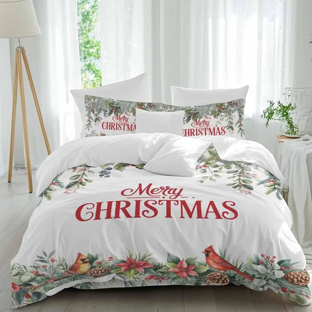 Set di lenzuola Merry Christmas, motivo acquerello con aghi di pino, agnellino, poinsettia, coni e uccelli, 4 pezzi, set copripiumino traspirante, biancheria da letto accogliente