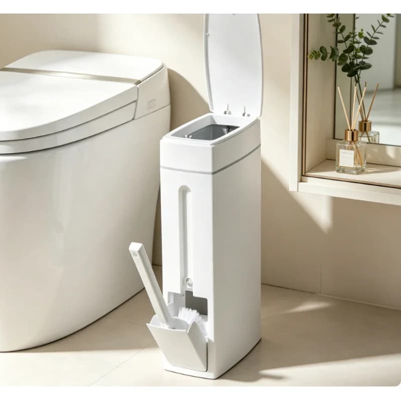 Set Spazzola per WC e Pattumiera, Cestino Stretto con Coperchio per Bagno, Contenitore Salvaspazio per Decorazione Bagno