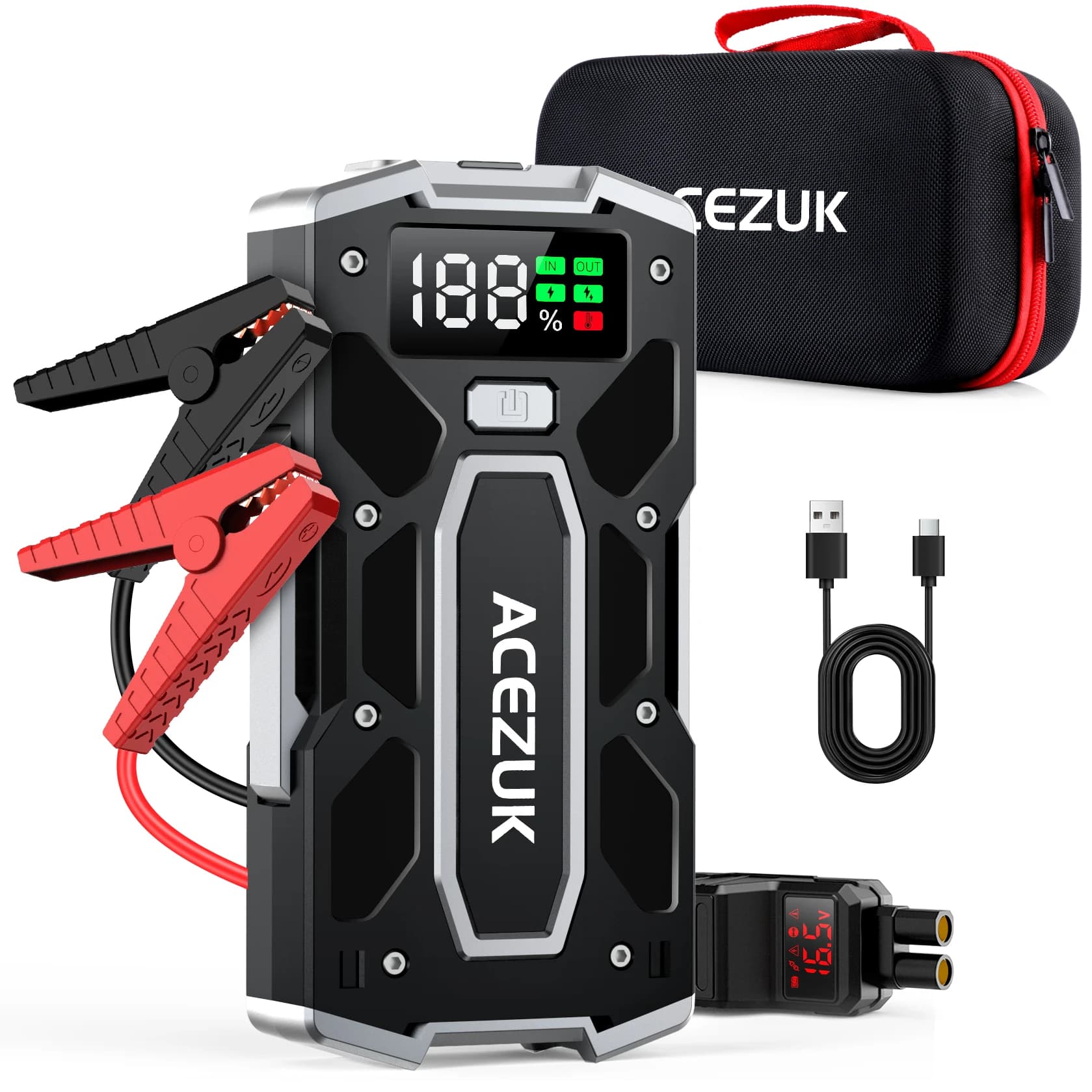 ACEZUK 5000A Avviatore di emergenza con custodia da trasporto portatile Display 12V Smart Clip Banca di alimentazione portatile Luce LED super luminosa