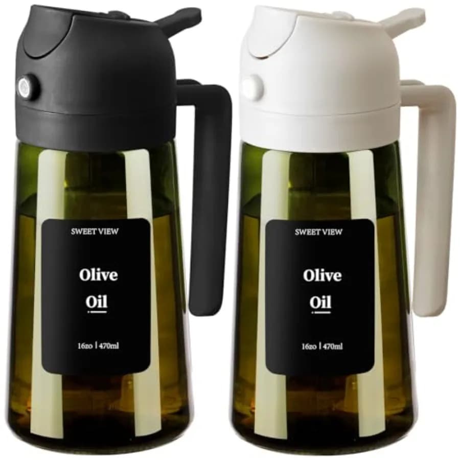 Dispenser e spruzzatore per olio d'oliva, 2 pezzi, 16oz/470ml, in vetro oscurato, per cucina, friggitrice ad aria, insalate e barbecue.