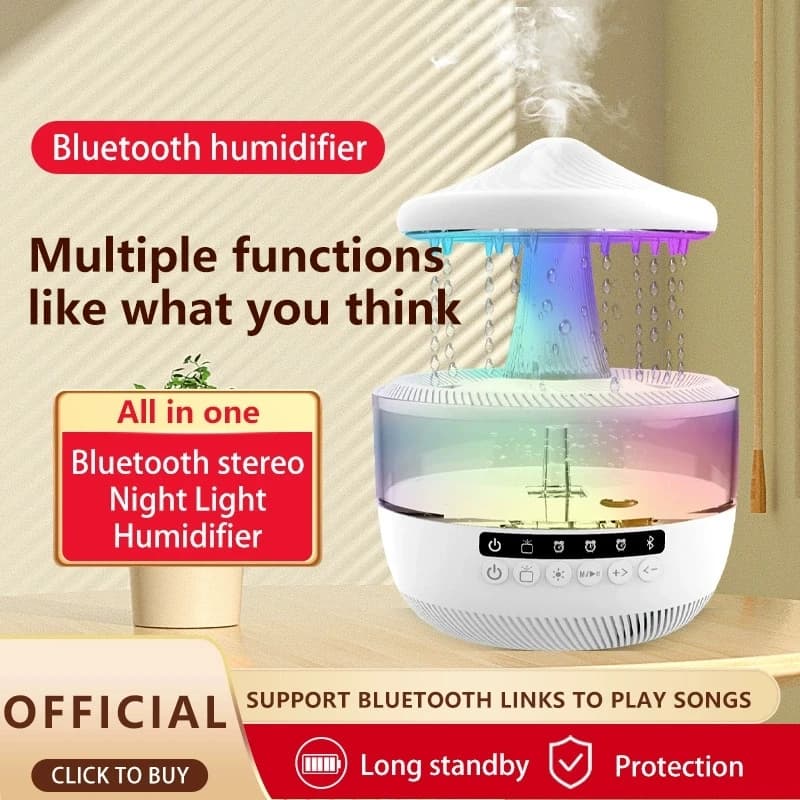 Umidificatore creativo 3 IN 1 con aroma a goccia di pioggia, altoparlante Bluetooth e luce notturna a LED a 7 colori per diffusore di oli essenziali per ufficio domestico