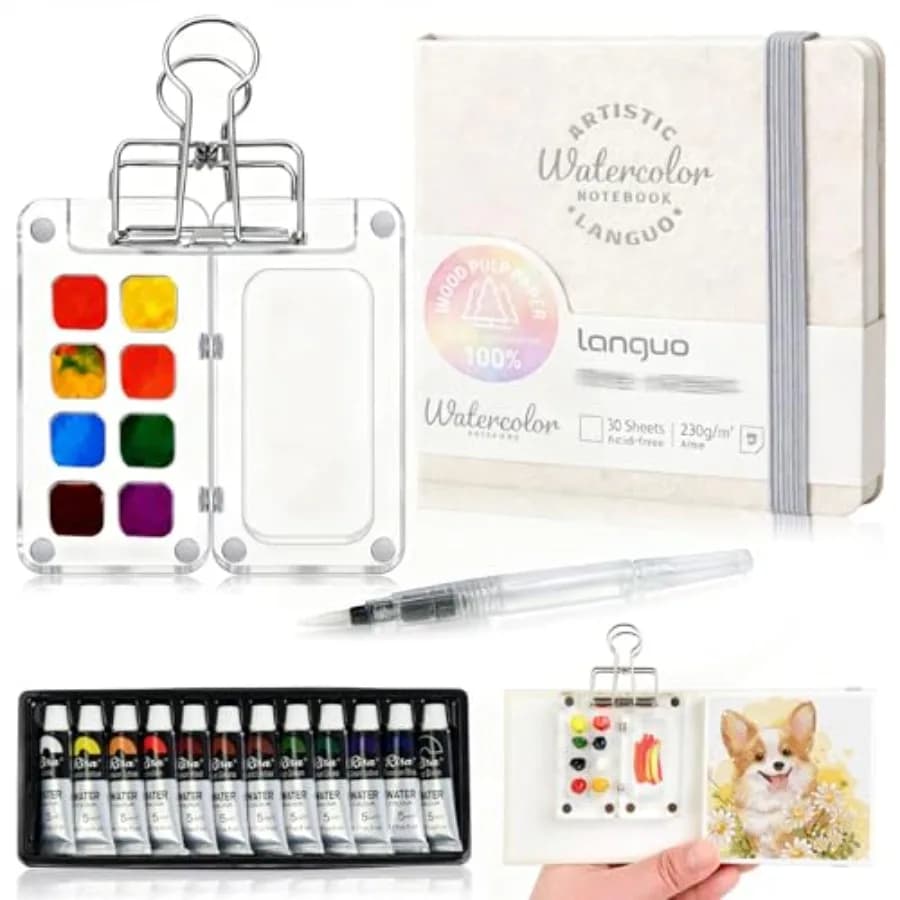 Mini Watercolor Paint Set Portable, Travel Paint kit, Paint Palette Travel Kit Set with Paint, Watercolor Pens, Sketchbook, Bin