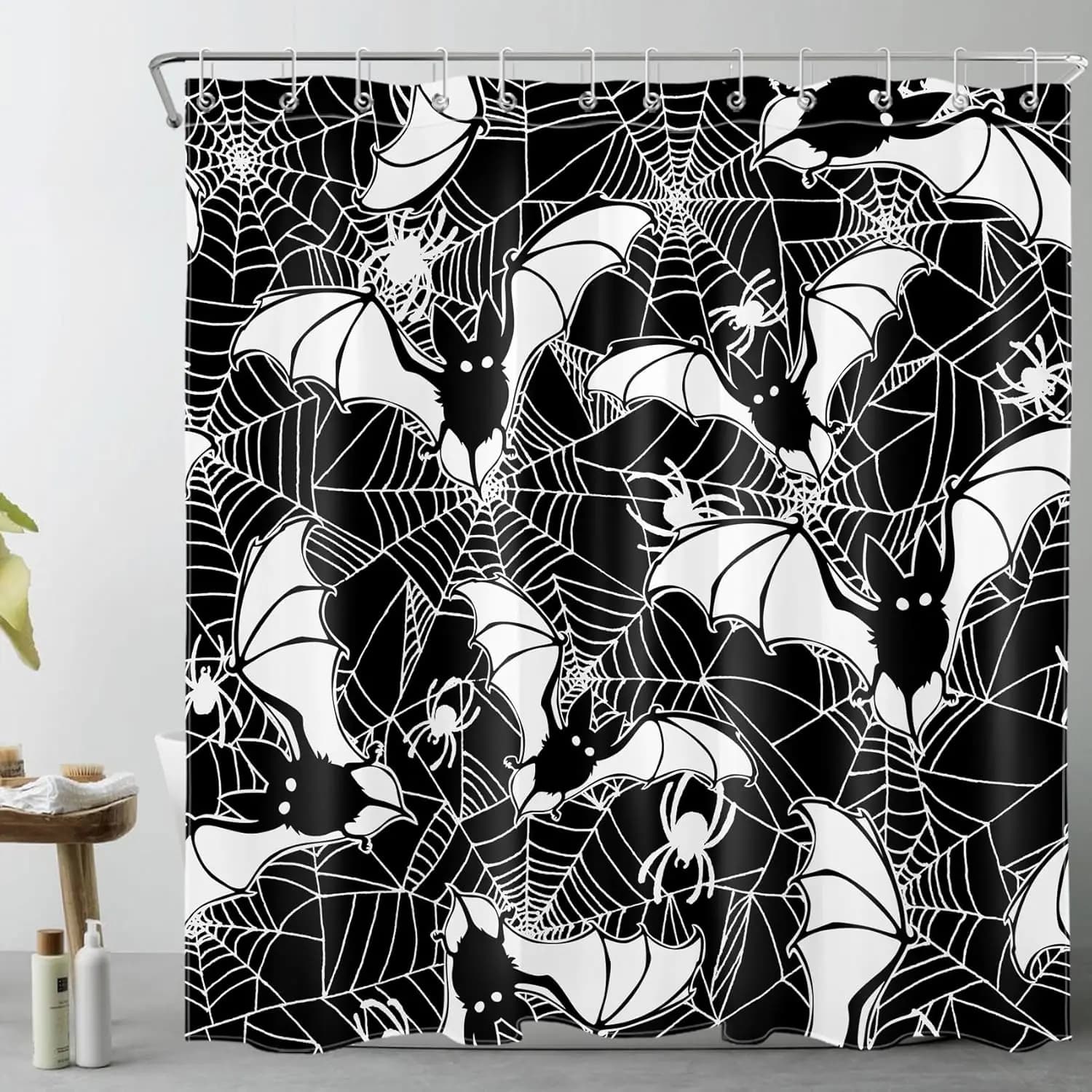 Decorazione per tenda da doccia con pipistrello di Halloween, tenda da doccia gotica spettrale con ragnatela di pipistrello in bianco e nero per bagno, tende da bagno horror