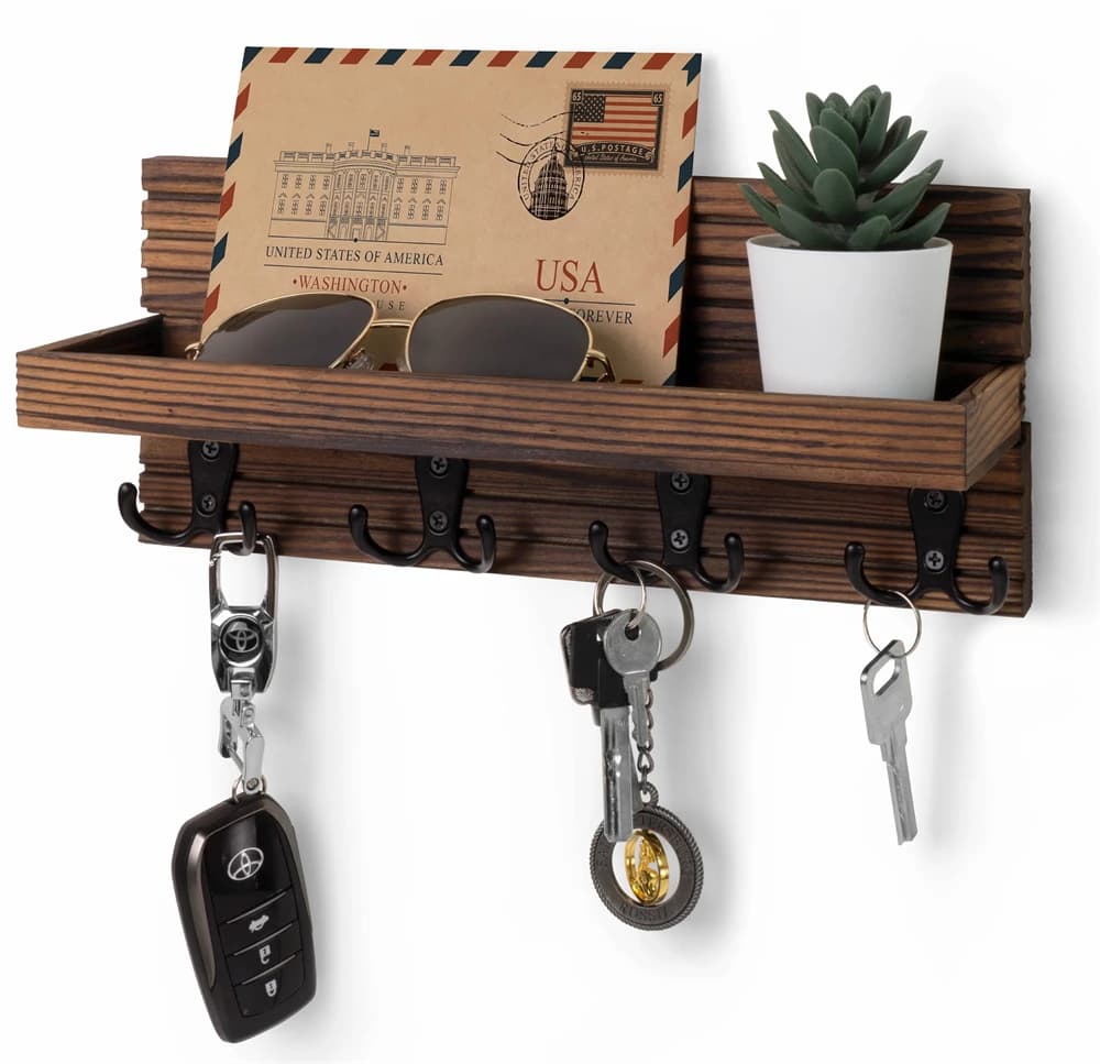 Portachiavi in Legno da Parete per Ingresso, Organizer per Posta e Appendiabiti con 4 Ganci, Stile Rustico per Chiavi e Occhiali da Sole