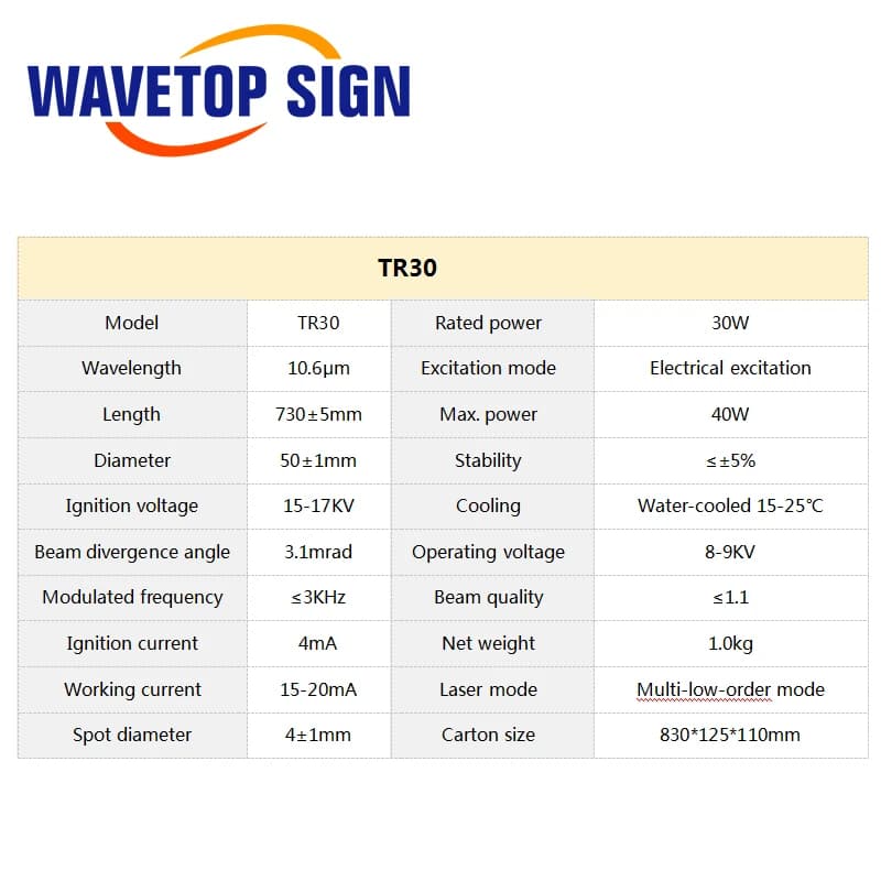 Laser Tube CO2 WaveTopSign TR30 30-50W 50x730mm with Red Point for Laser Cutting Machines CO2