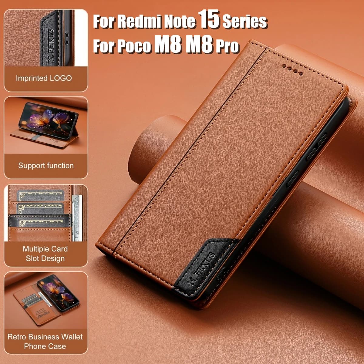 Custodia a Portafoglio in Pelle Magnetica con Protezione RFID per POCO M8 M8 Pro Redmi Note 15 Pro Plus 4G 5G con Supporto Antiurto