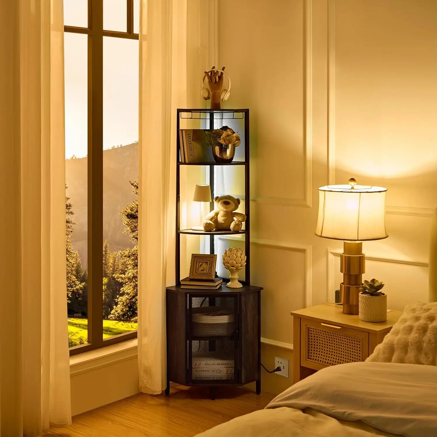 Scaffale Angolare a 6 Ripiani con Luci LED e Stazione di Ricarica, Organizzatore Alto 160 cm per Soggiorno, Camera da Letto, Cucina