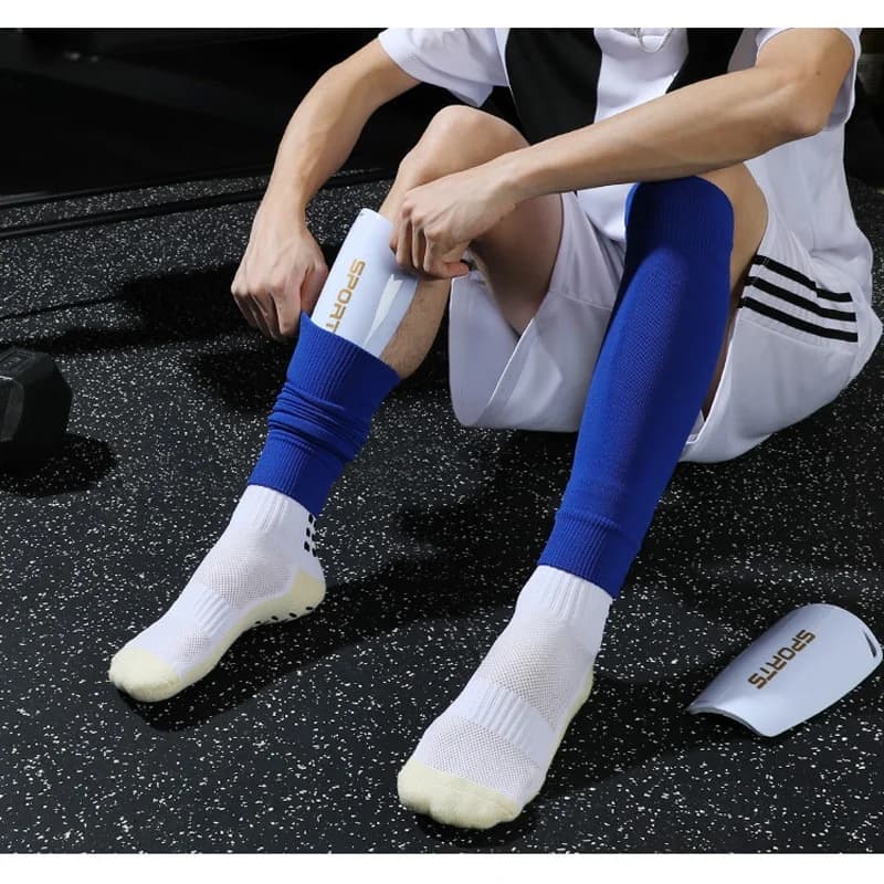 Calzini da calcio per polpacci, protezioni da calcio, calzini lunghi da calcio, protezione per i piedi, calzini fissi, calzini di protezione per polpacci da esterno