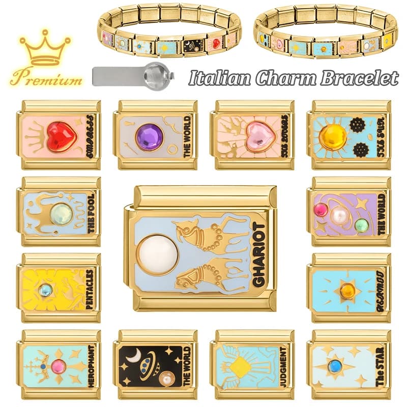 Bracciale con ciondoli italiani fai da te in acciaio inossidabile con carte dei Tarocchi dorate originali e zirconi, gioielli da donna, creazione fai da te, regali, dropshipping