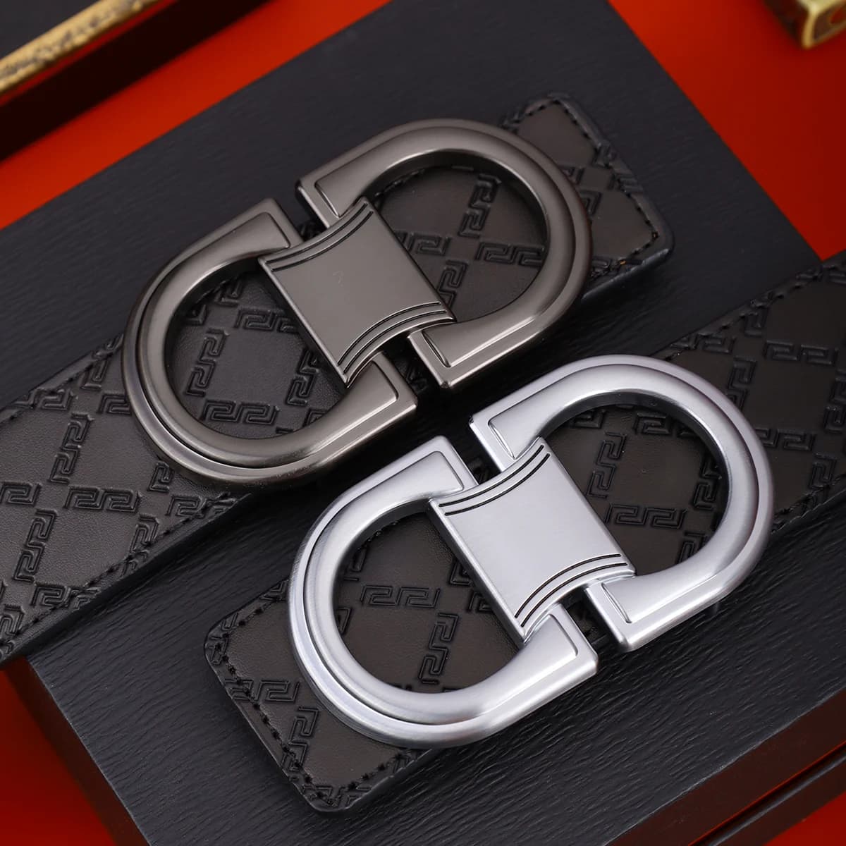 Cintura con fibbia automatica da uomo, cintura casual da lavoro con stampa geometrica, cintura alla moda per feste, accessorio per abbigliamento quotidiano